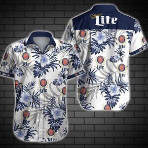 Beer Hawaii Shirt Miller Lite Hibiscus Flower Pattern White Blue Hawaiian Aloha